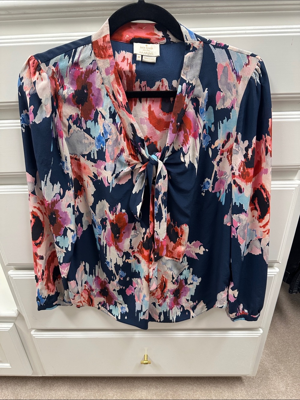 kate spade navy floral tie-front blouse with multicolor blooms